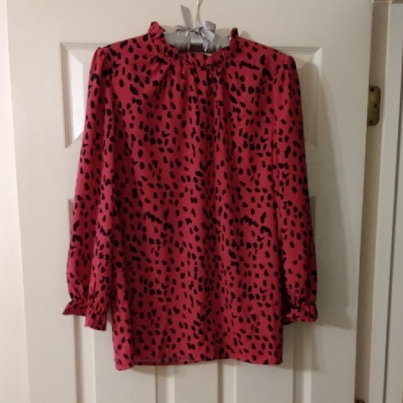 Tops - Red Black Leopard Print Long Sleeve Blouse